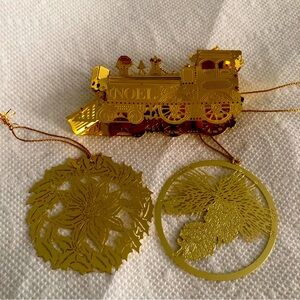 Vintage Brass Filigree Christmas Ornament Lot (3) Noel‎ Train & Two Round